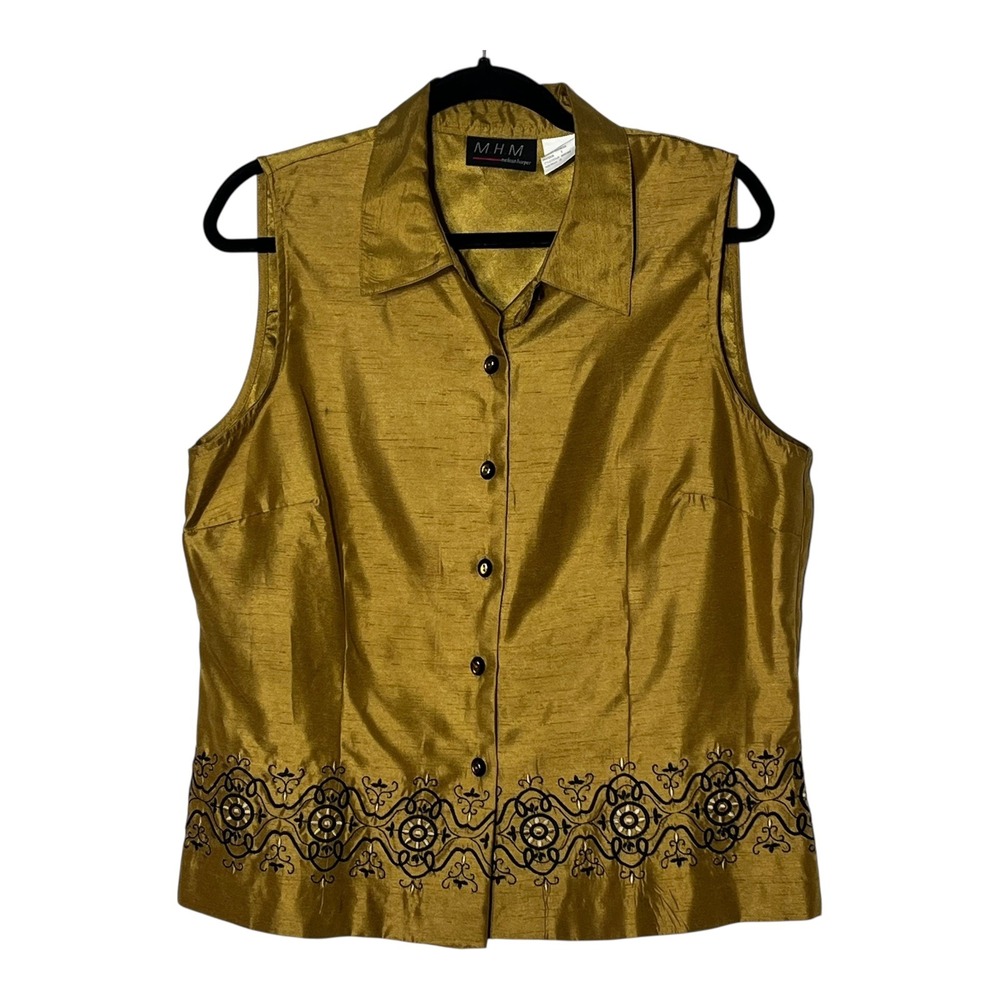 MHM Melissa Harper Gold Faux Silk Sleeveless Embroidered Blouse Top Size 16